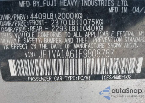 2015 Subaru Wrx from USA, damaged, VIN JF1VA1A61F9808783